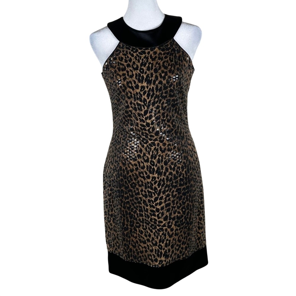 Vtg Cache Dress Womens 2 Brown Leopard Sequin Halter Mini Satin Trim Mob Wife